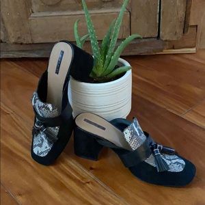 Tahari slides. Crocodile suede w/ leather tassels